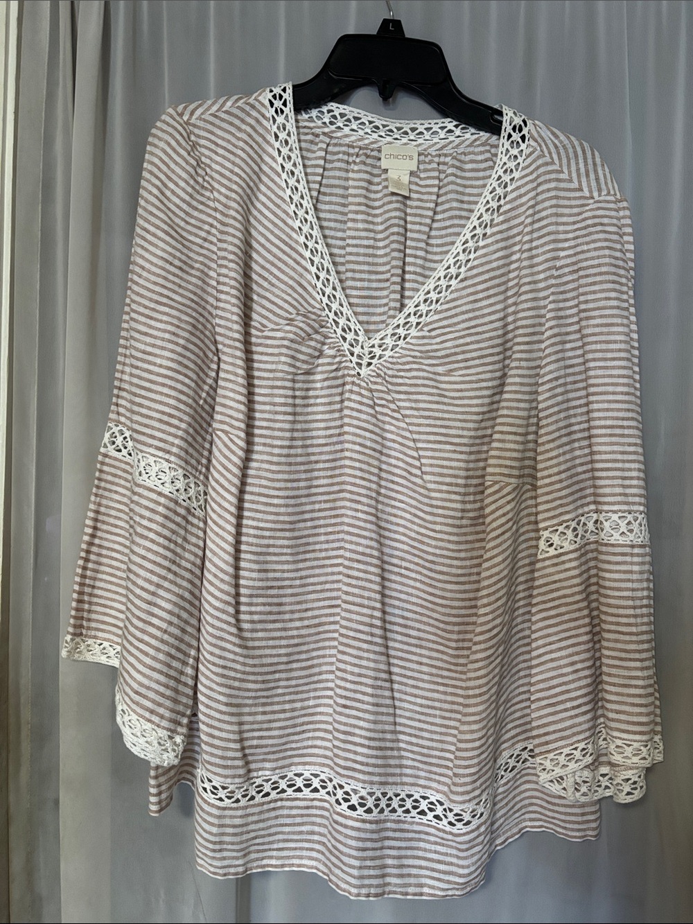 Chico's linen Cream and Taupe Striped Crochet-Trim V-Neck Blouse